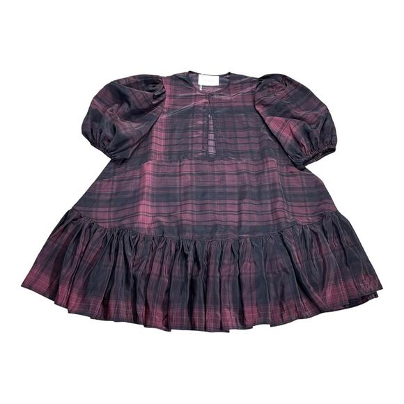 Selkie NWT Heartburn Mini Dress Plaid Bordeaux Drop Waist Small - Picture 1 of 5